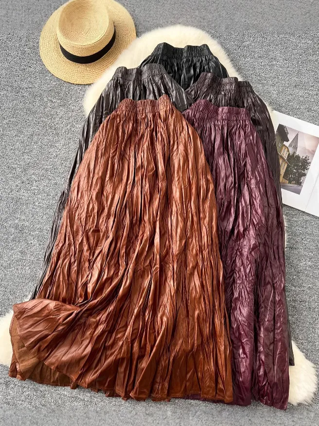 

2025 новая модная плиссированная длинная юбка трапециевидной формы из искусственной кожи, женская повседневная универсальная винтажная элегантная одежда с высокой талией