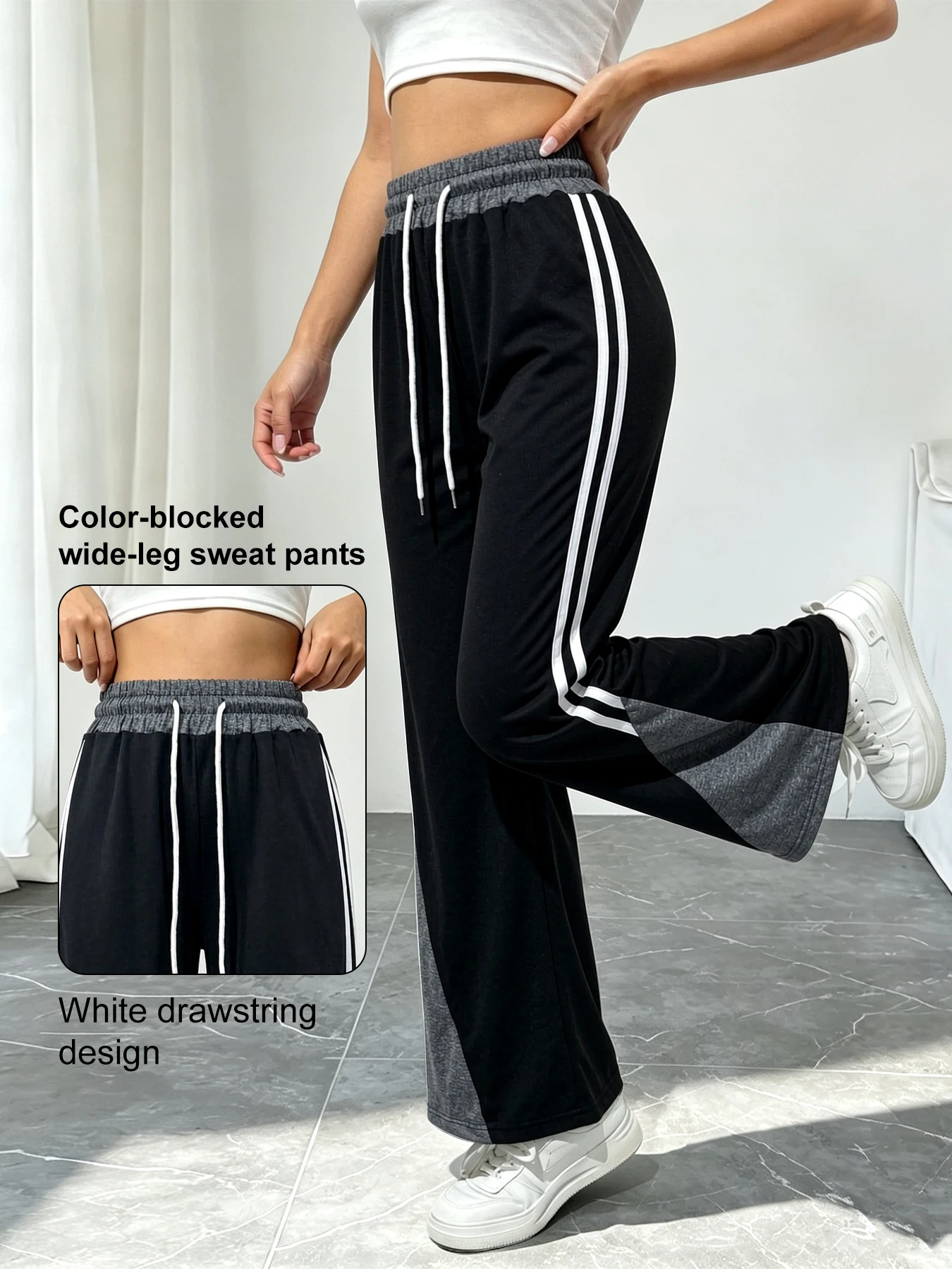 Women's Casual Workout Trousers, Side Stripe Wide-Leg Pants, Casual Baggy Drawstring Sweatpants, Women's Pants Trend Fashion