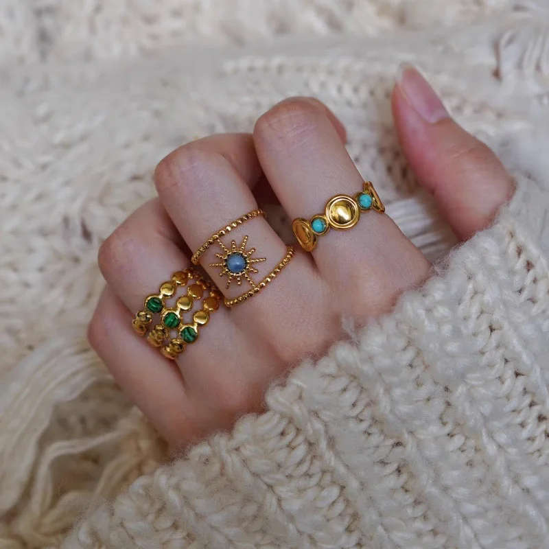 Bohemia Retro Multiple Layers Natural Stone Crystal Sun Rings Set for Women Charm Fashion Wedding Party Finger Hip Hop Jewelry