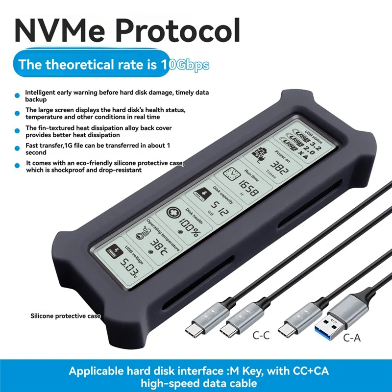 Top-M. 2 für NVME SATA SSD-Gehäuse mit Display, USB-Typ-C-Adapter, Dual-Protokoll-SSD-Box für NVME/NGFF SSD-Festplatte