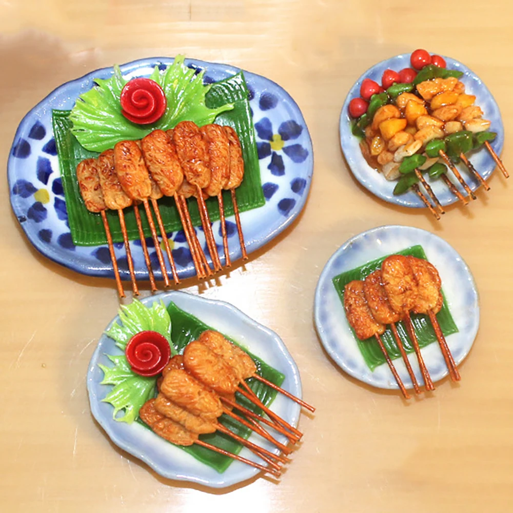 1Pcs 1/12 Dollhouse Accessories Mini Barbecue Kebabs Tray Miniature Grilled Skewers  Plate Dish Model for Doll House Decoration