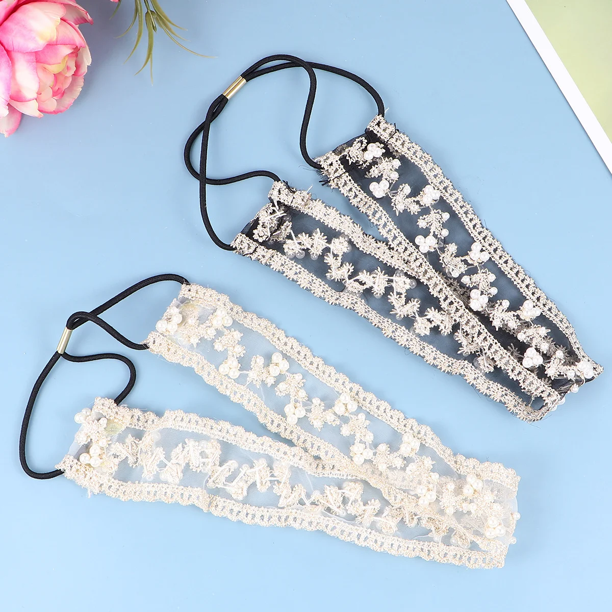 2 Stück elastisches Spitzen-Haarband mit Perlen, Kopfbedeckung für Damen, Schwarz, Beige, zarter Haarschmuck, Festival-Fotografie