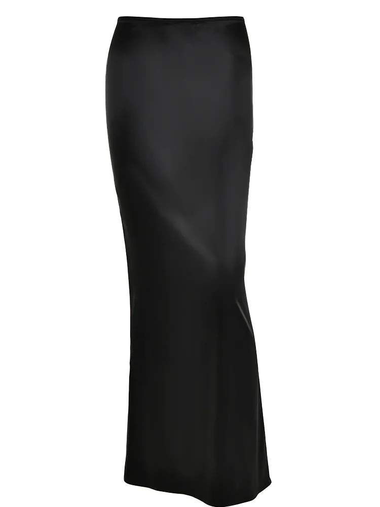 Kesiachiccly-الحرير الحرير التنانير للنساء ، عالية الخصر تنورة ، قلم رصاص التنانير الأنيقة ، أسود تنورة طويلة ، النمط الكوري ، الصيف ، جديد #5