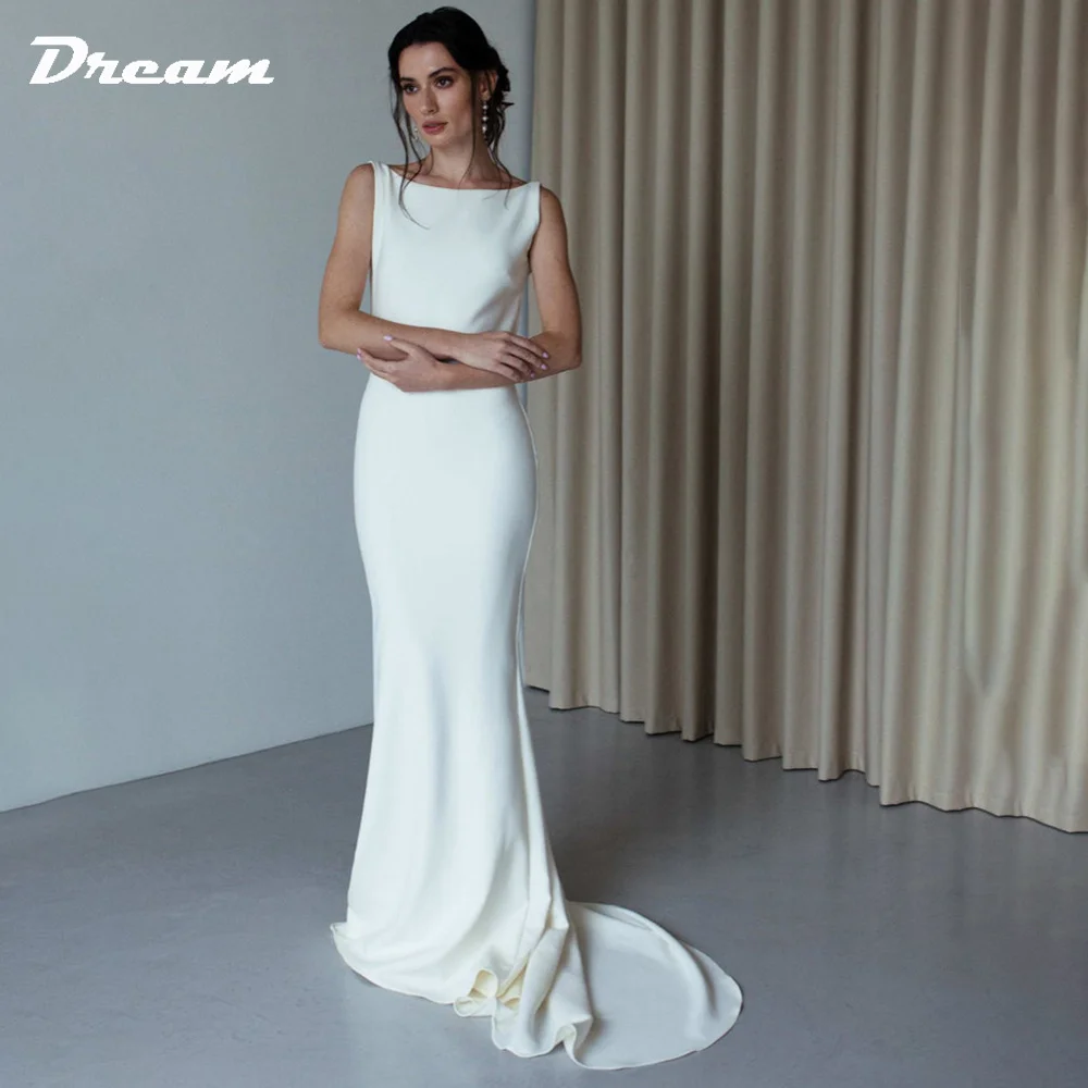 DREAM Crepe Sleeveless Simple Mermaid Wedding Dress 2023 Bride Open Back Boat Neck Sweep Train Bridal Gowns Custom Made