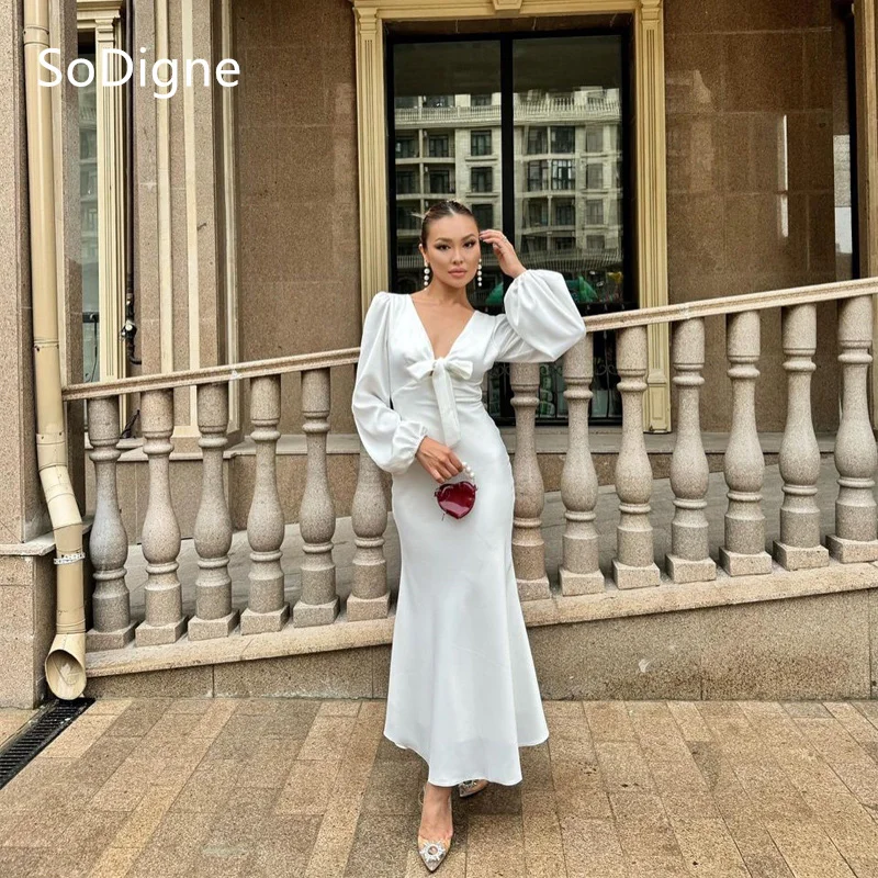 

SoDigne Mermaid satin Prom Dresses Full Sleeve Deep V-Neck Ankle-Length Bow Party Dress Charming Cocktail Gowns Customized