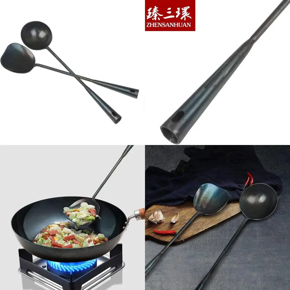 

Handcrafted Traditional Chinese Iron Wok Tools: Long Spatula and Ladle Set