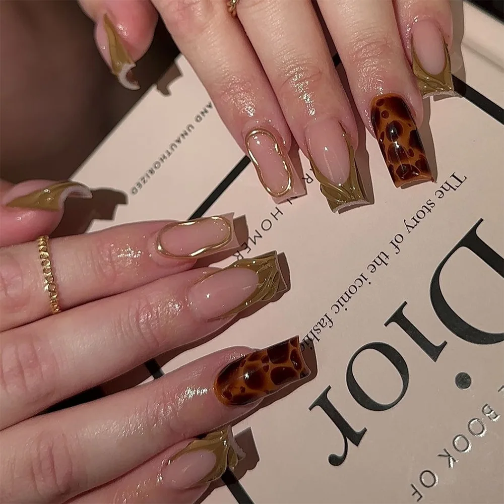 24pcs Long Leopard Print French Press on Nails 3D Pink Fake Nails False Nail Artificial Tips Накладные Ногти Uñas Postizas 네일팁