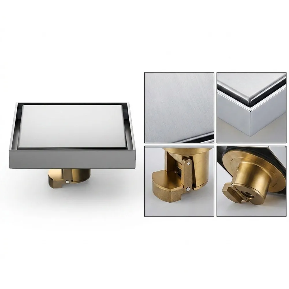 Modern Stainless Steel Floor Drain Square 10x10cm for Shower Bathroom Kitchen Wet with Hair Strainer Brushed Nickel