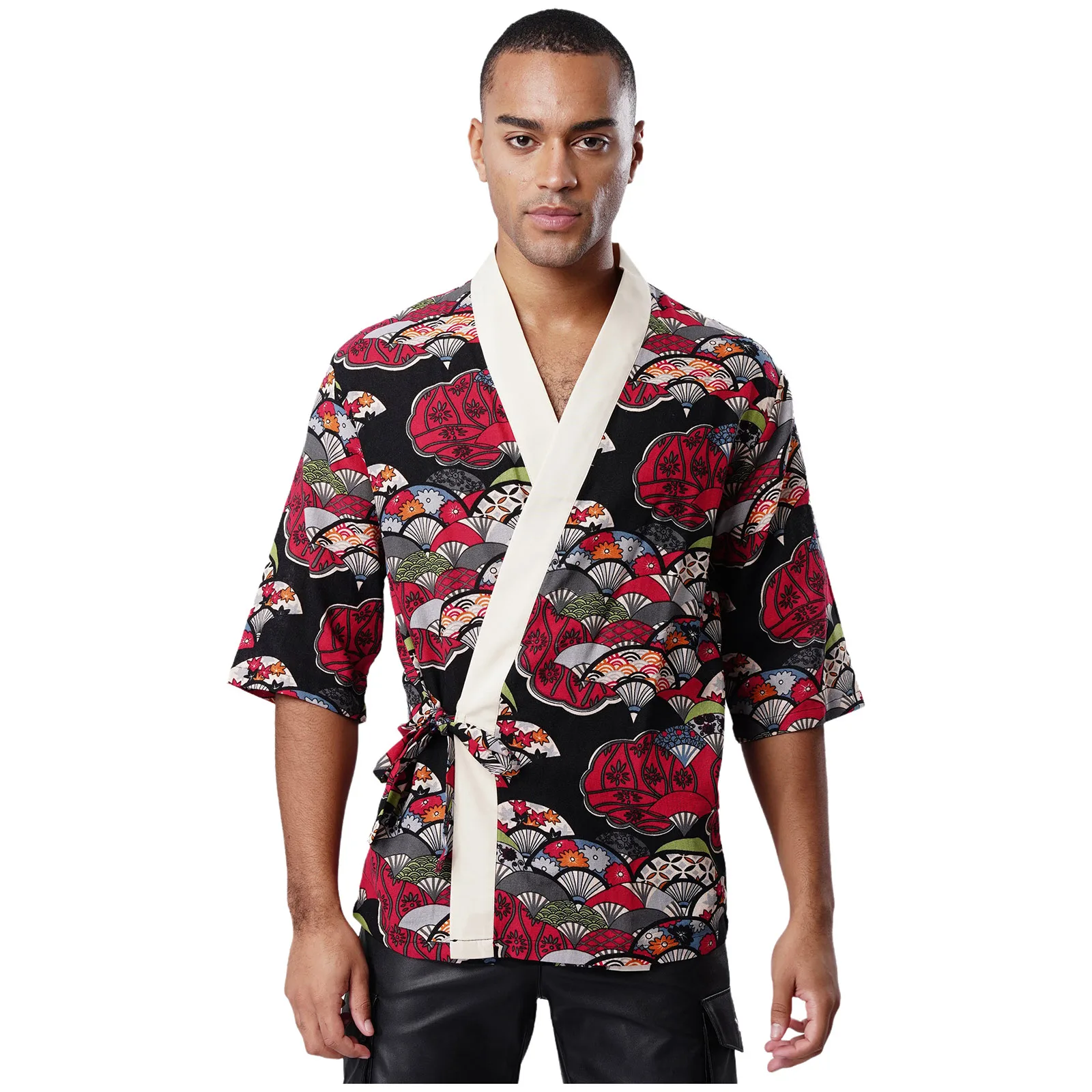 

Men Cook Japanese Sushi Chef Coat Traditional Print 3/4 Sleeve Lace-up Kimono Jackets for Izakaya Japanese Cuisine Restaurant