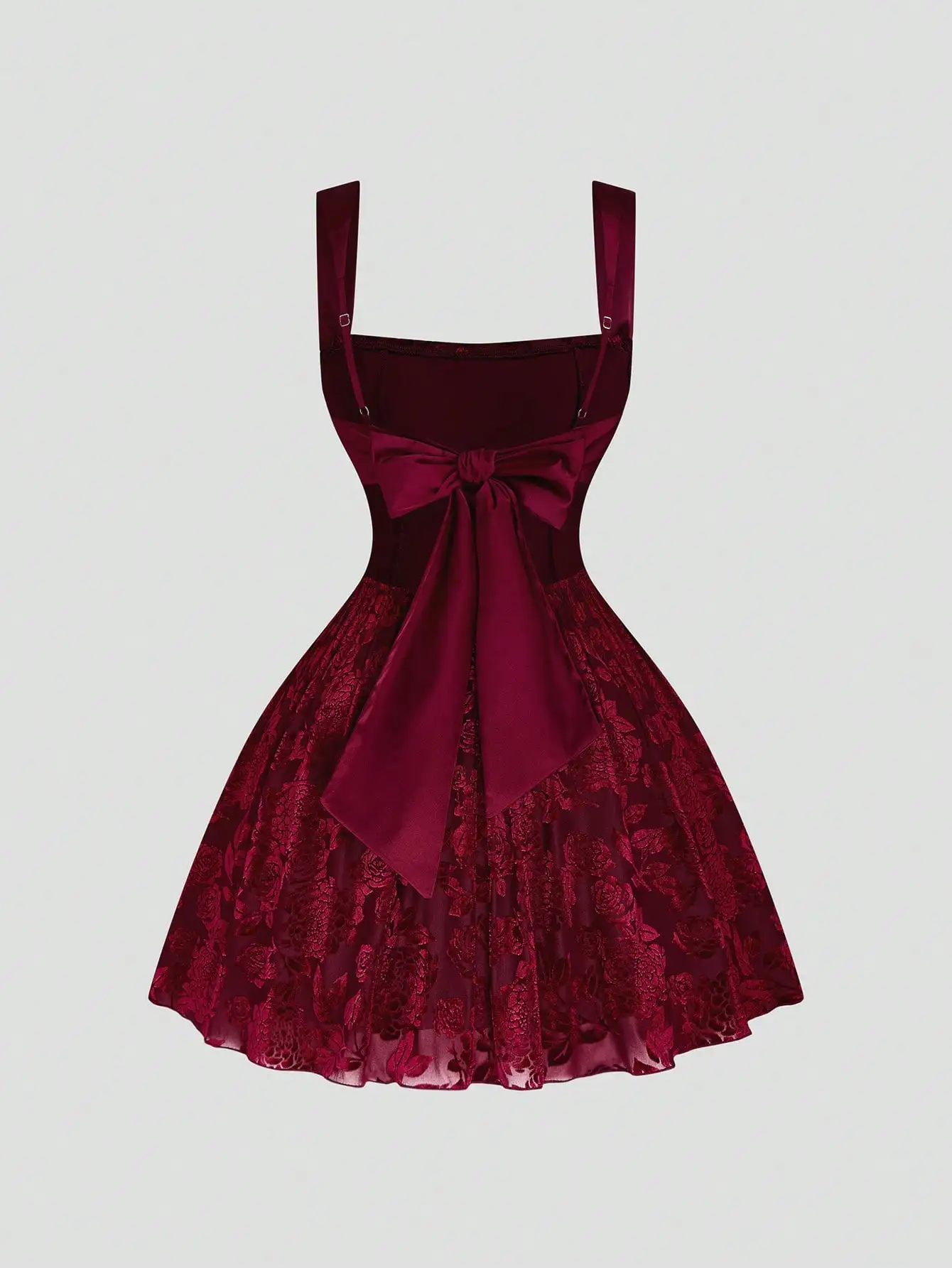 

Бордовое бархатное платье А-силуэта с цветочным принтом, бантом на талии и тонкими бретелями