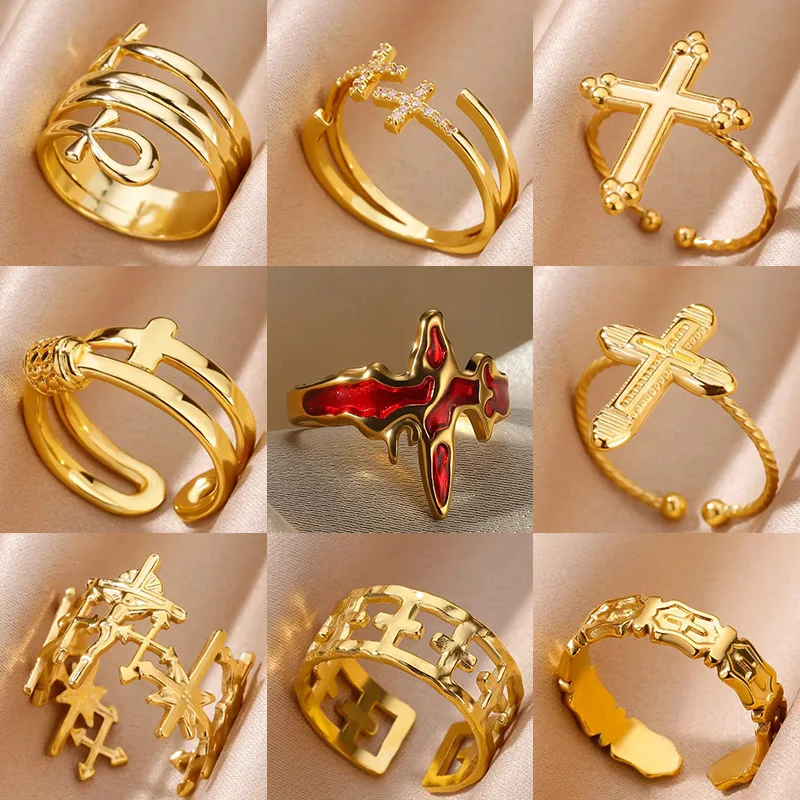 الفولاذ المقاوم للصدأ الصليب خواتم للنساء خمر الذهب اللون افتتاح الصليب البنصر مجوهرات الزفاف هدية anillos mujer
