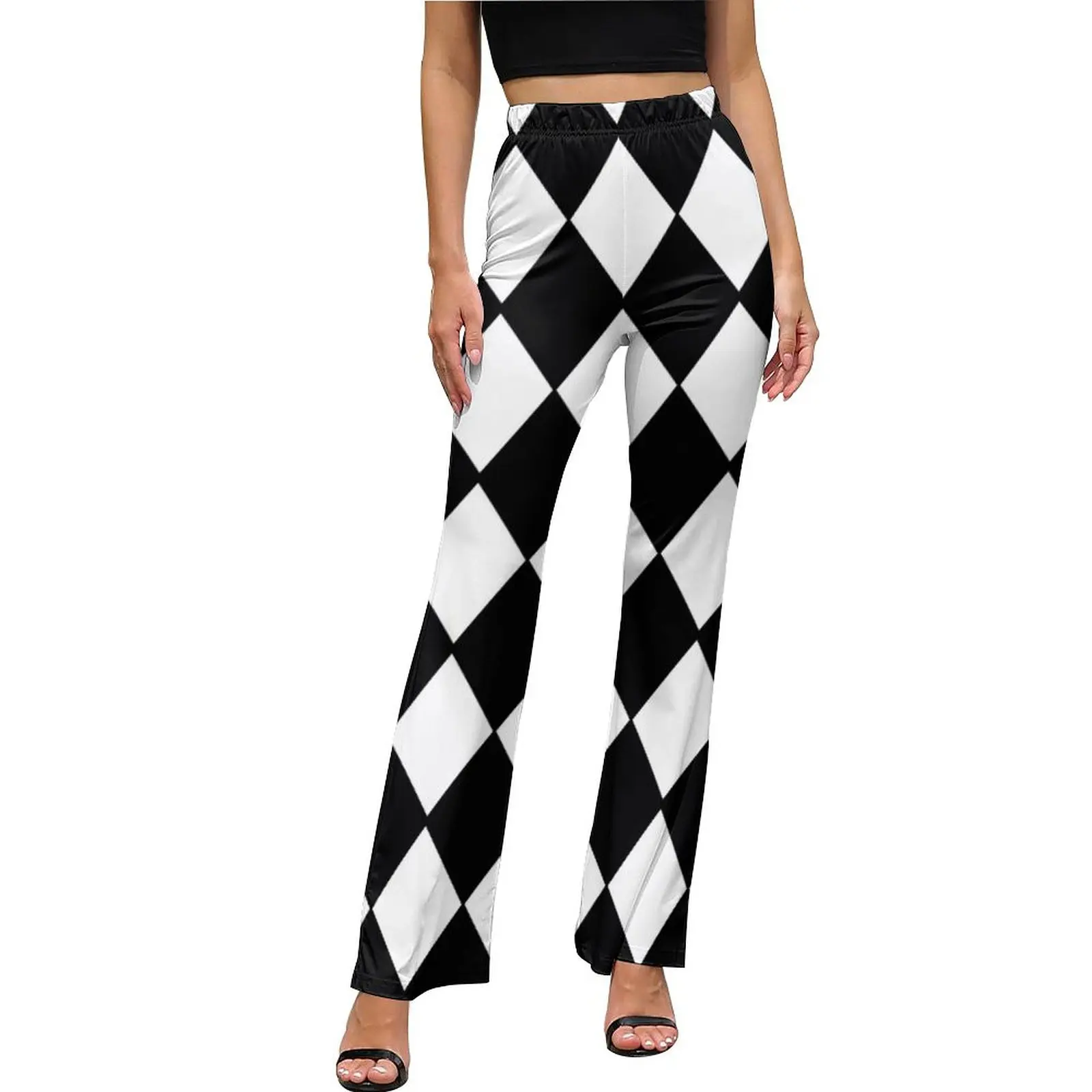 

Black And White Plaid Casual Pants Summer Vintage Print Graphic Flared Trousers Elastic High Waist Slim Stretch Streetwear Pants