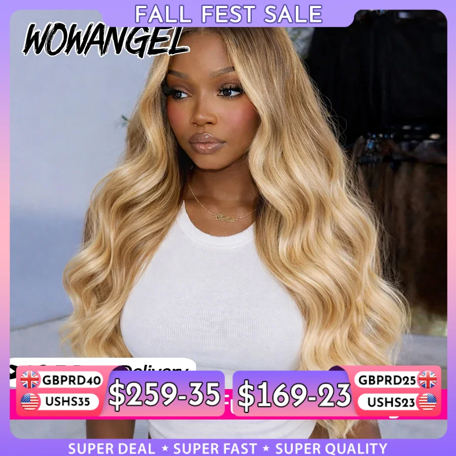 WOWANGEL Ombre Blonde Body Wave Perücken Echthaar 13x6 HD Lace Full Frontal Perücke Vorgezupft 613 #   Farbige Echthaarperücken für Frauen