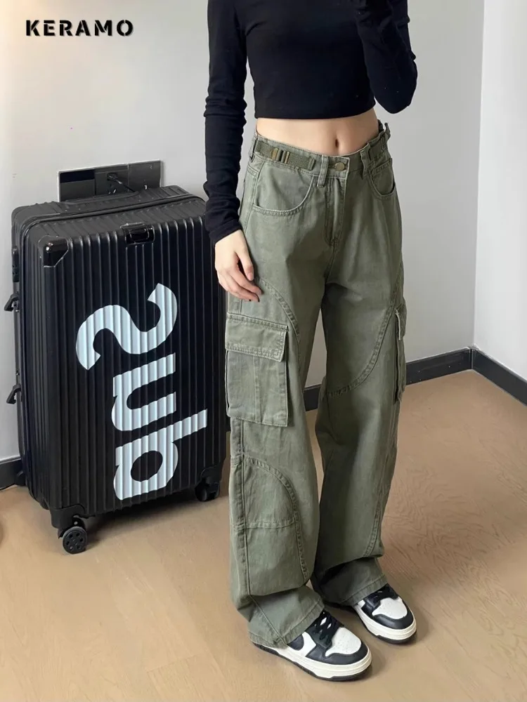 2024 Summer Women Casual Solid Color Jeans Vintage Aesthetic Loose Harajuku Washed Pants Y2K Pockets Punk Baggy Denim Trouser