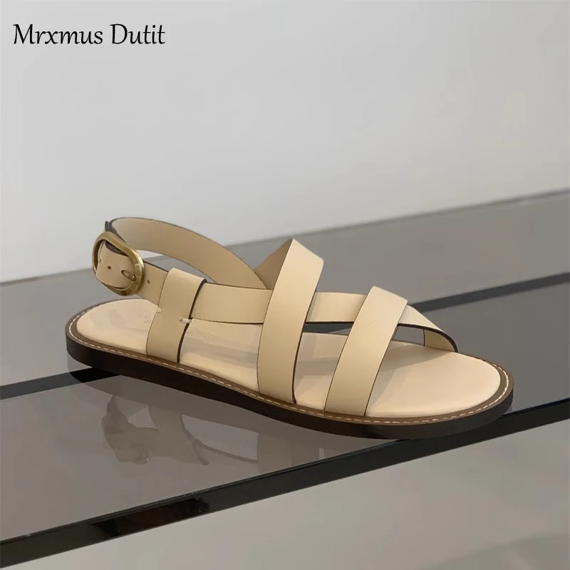 Mrxmus Dutit 2023 Spring Summer Fashion New Women Genuine Leather Round Head Flat Roman Sandals Simple Casual Shoes Female Chic