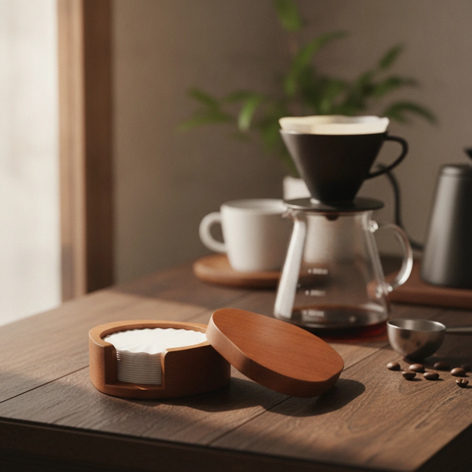 Coffee Filter Box with Secure Lid Wooden Coffee Filter Storage Box Dustproof Countertop-Friendly for Baristas
