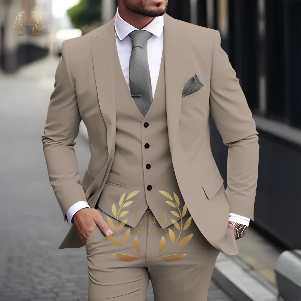 Men's Khaki 3-Piece Suit Classic Peak Lapel Business Formal Wedding Groom Slim Fit Elegant Gentleman Style Fashion Blazer