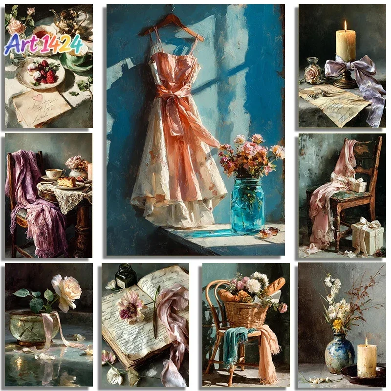 1pc frameless canvas painting Soft Romantic Nostalgic Style Cozy Cabin Scene Still Life  Paint Poster Canvas Printing Villa C