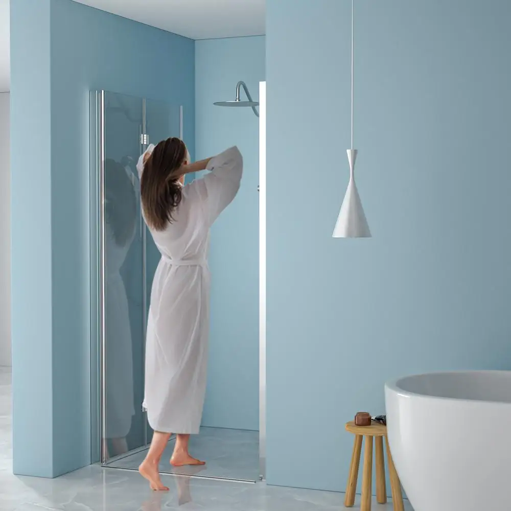باب دش ثنائي الطي بدون إطار مقاس 32 بوصة عرض × 72 بوصة ارتفاع مع تصميم من الزجاج المقسى موفر للمساحة بلمسة نهائية من الكروم