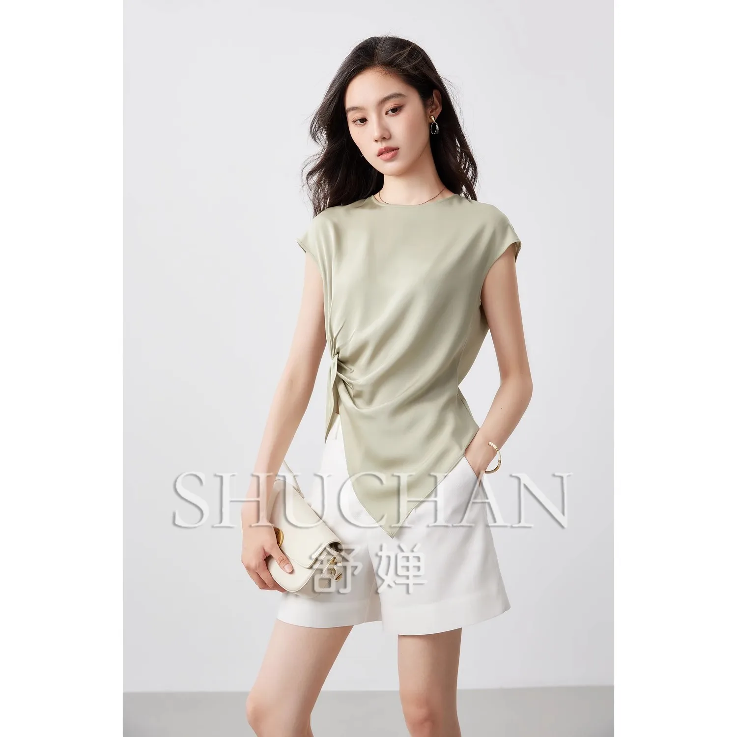 

Французский дизайн Sense, шелковая легкая роскошная тонкая шелковая футболка без рукавов с круглым вырезом, маленькая женская рубашка