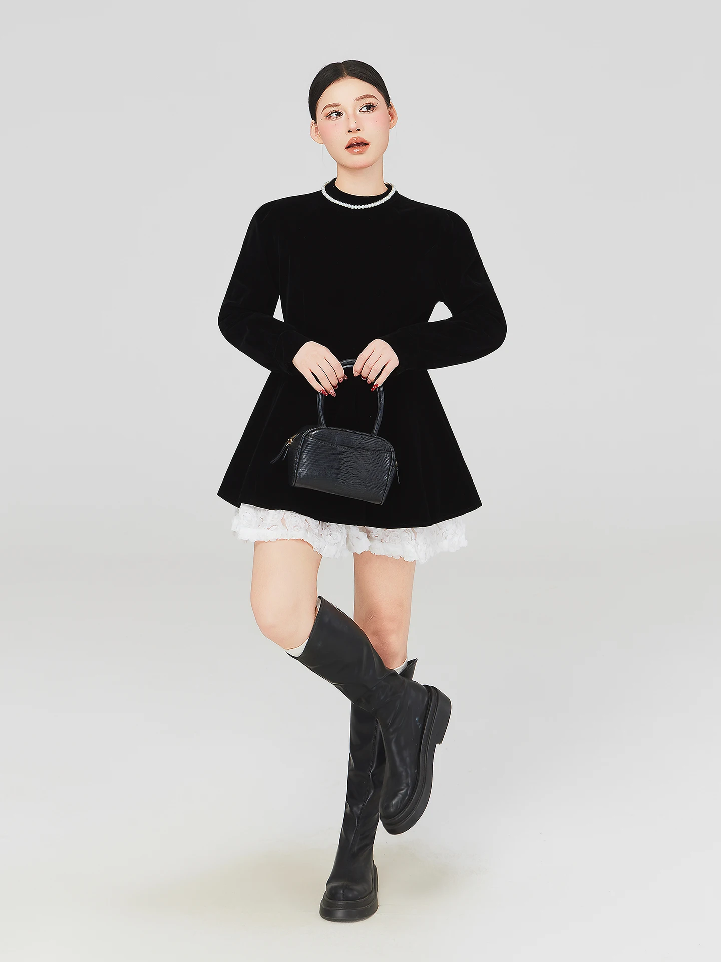 

Spring Early Beautiful Velvet Dress A-Line Hepburn Style High Waist Slimming Belly Covering Large Size Women's Dress