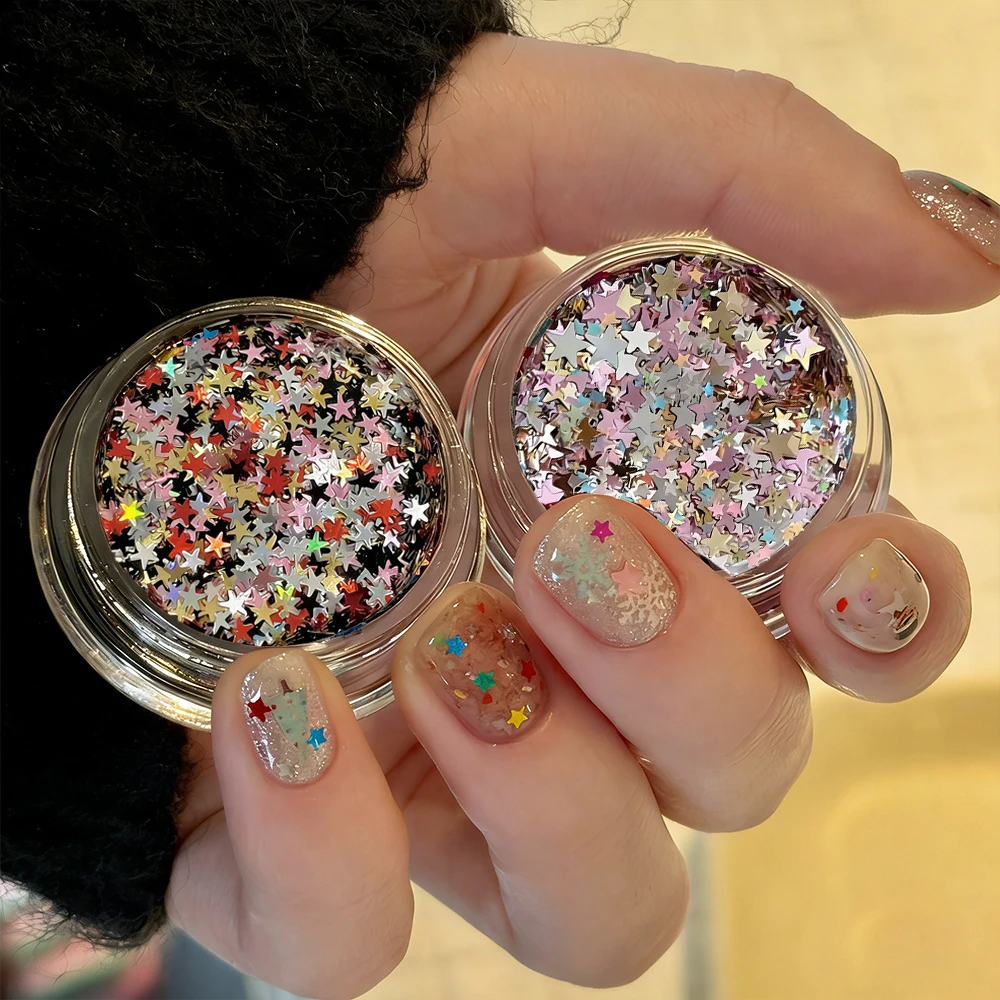 1/2Jar Mixed Mini Colorful Pentagram Nail Glitter Sequins 1-2.5mm Laser Red Purple Five-pointed Star Nail Flakes Shiny Nail Deco