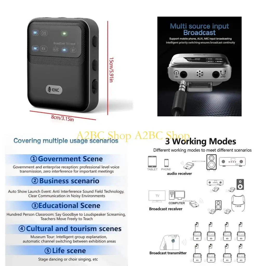 A2BC 24Bit/96kHz ABS Stereo Transceiver With 30ms Low Latency For Wireless Instrument Connectivity And Guide Systems