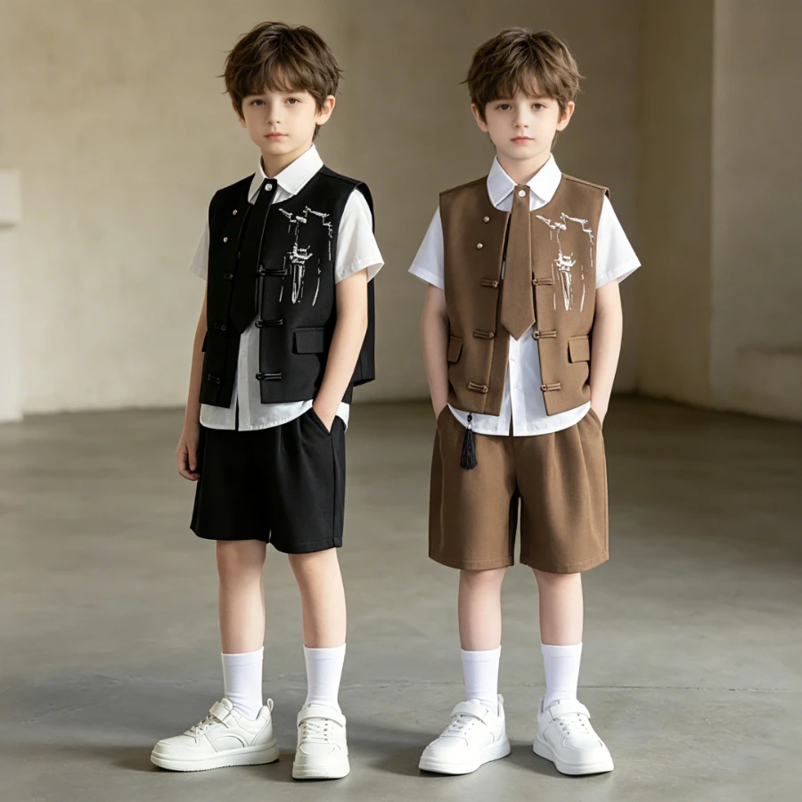 Boys Chinese Style Suit Set Ink Architecture Print Vest Shirt Shorts with Tie Kids Formal Outfit for Wedding Party Photoshoot