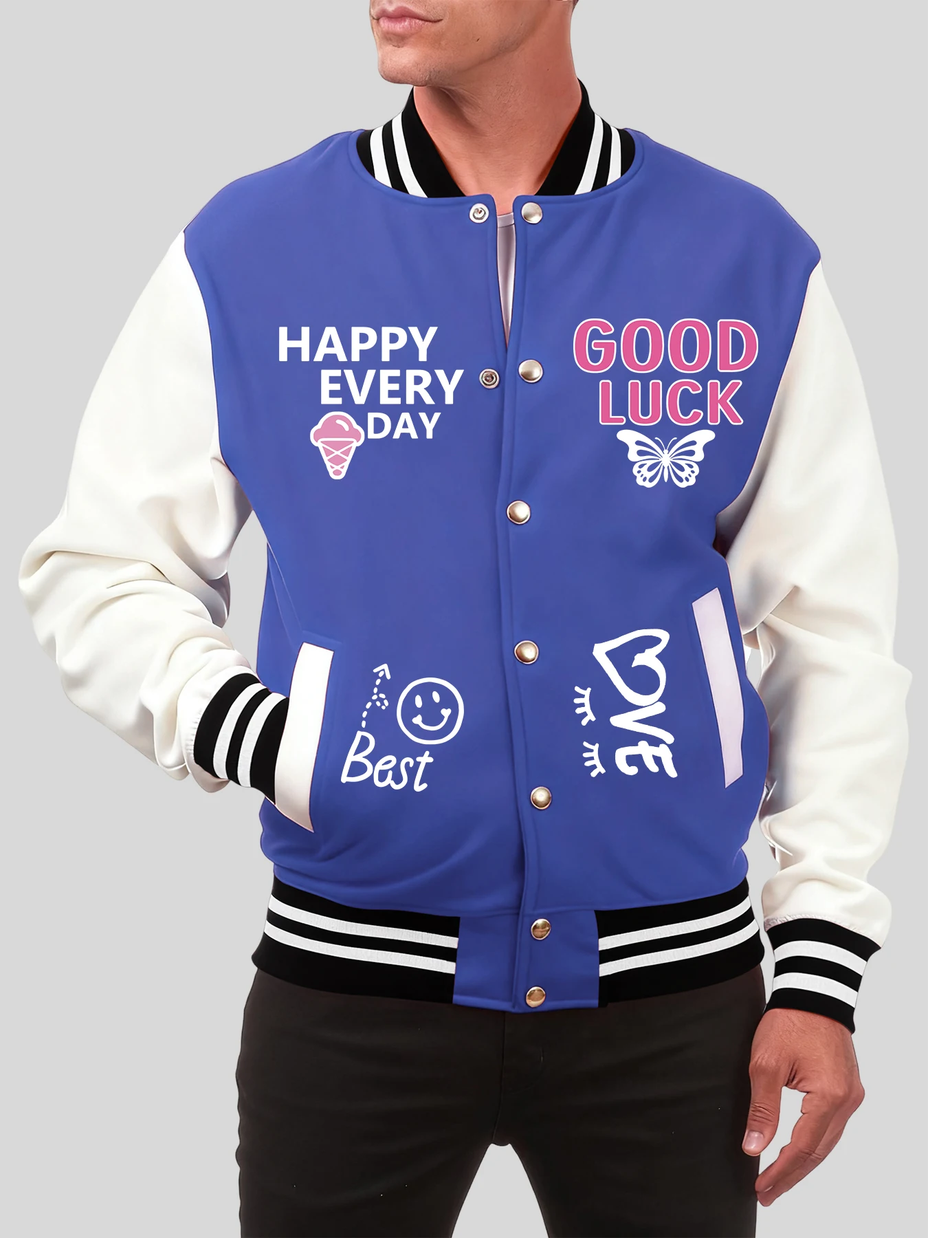 

Куртка с принтом «Счастливый каждый день», мужская свободная бейсбольная форма в стиле хип-хоп, повседневная теплая одежда, американские куртки унисекс