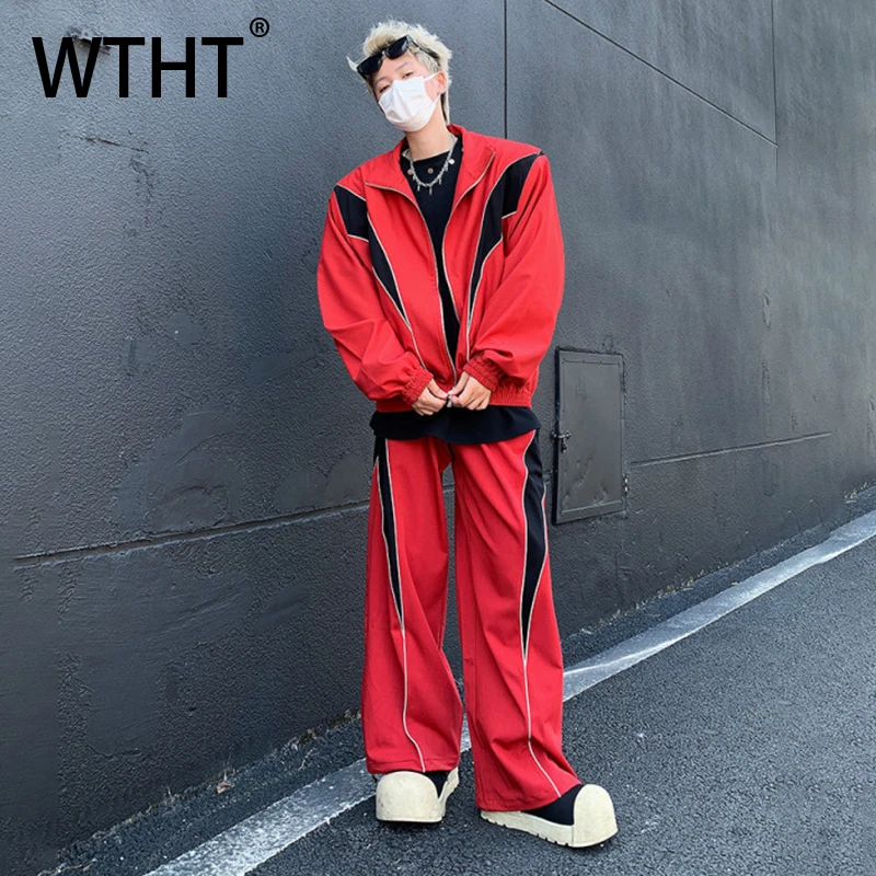 

WTHT Fashion Men's Suit Patchwork Shoulder Pad Stand Collar Coats Contrast Color Wide Leg Pants Set Male 2026 Spring 2A2766