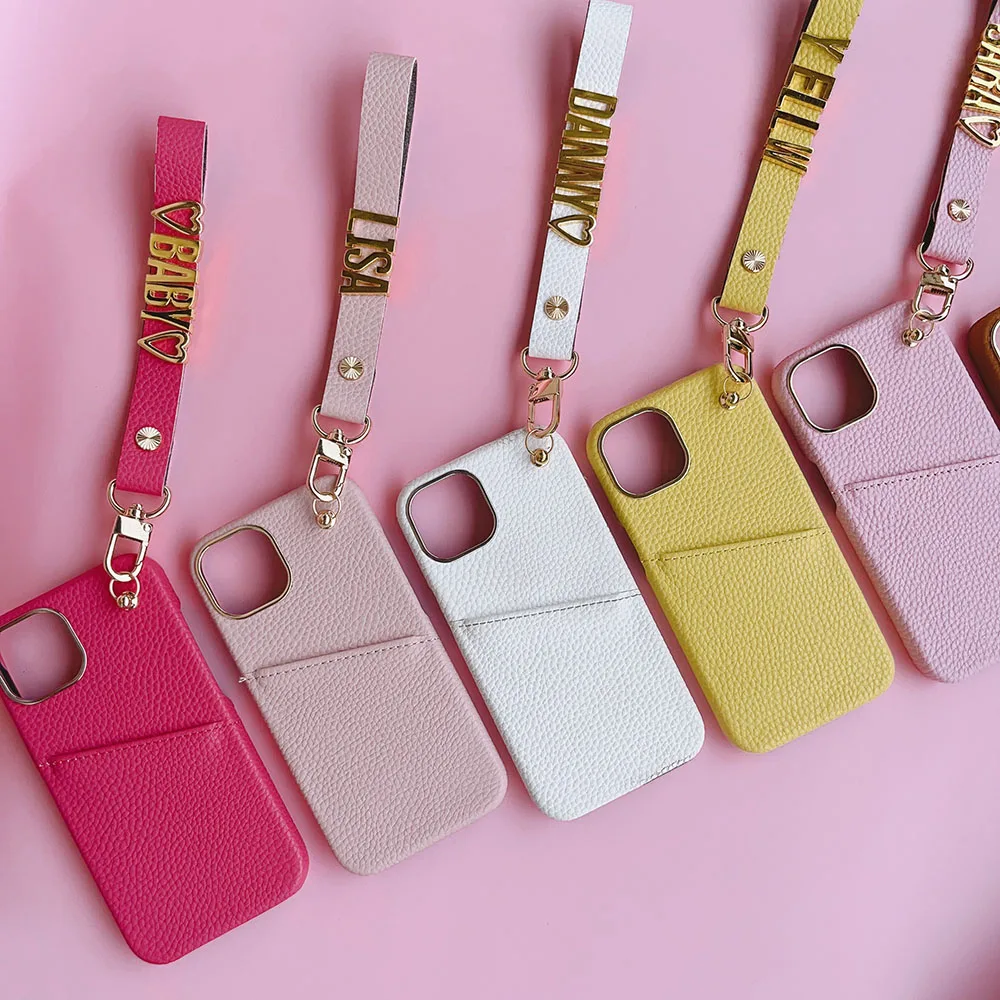 Personalise Pebble Leather Custom Name Card Holder Phone Case For iPhone 16 12 13 14 15Pro Max Protective Lanyard Bracelet Cover
