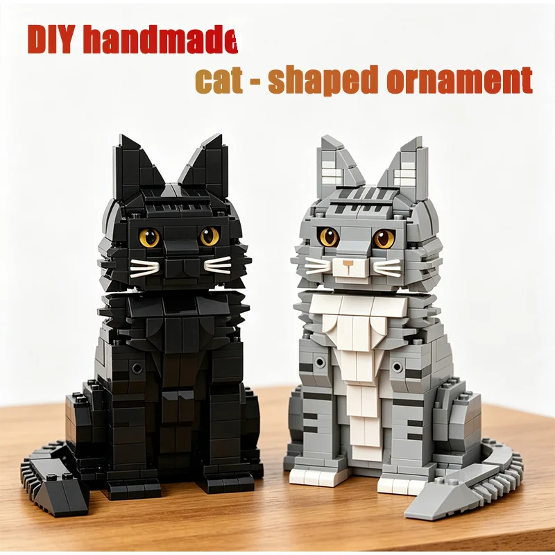 Realistic Maine Coon Cat Decor Ornament DIY Handmade Building Blocks Assembly Animal Model Desktop Ornament Collectible Gifts