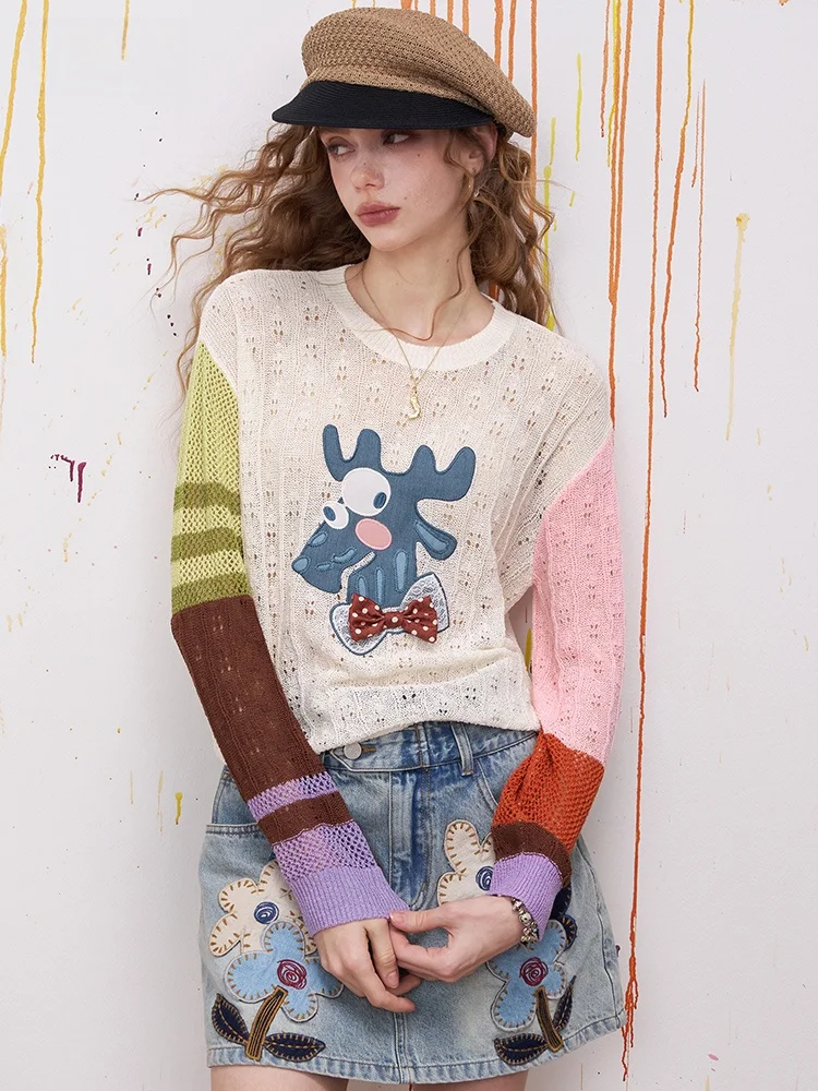 

Asymmetric Splicing Knitted Long Sleeve Women's Top Tailor Shop Summer Lazy Style Fairy Pocket Deer Clothing Casual Style