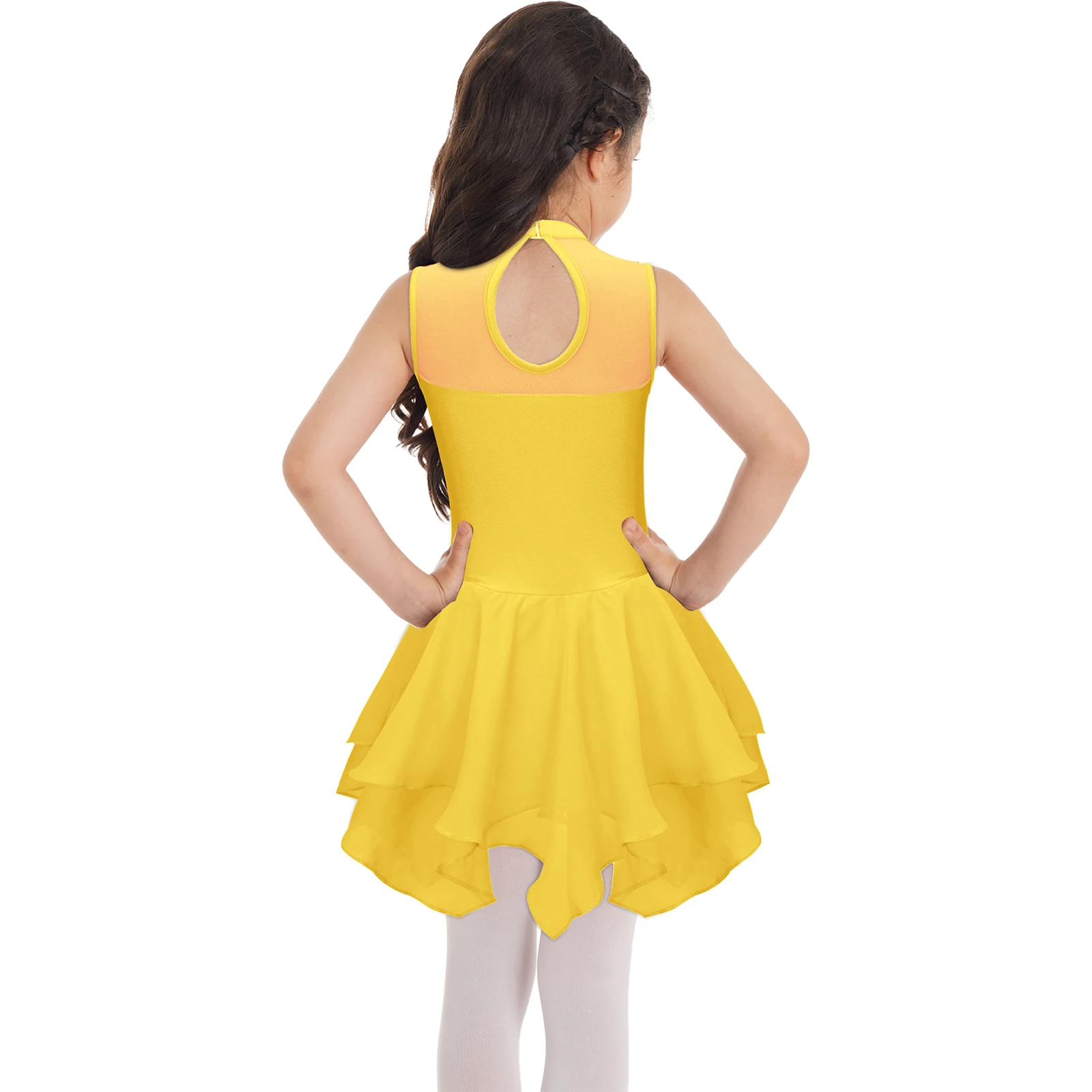 Figure Skating Dress for Girls Ballet Dance Gymnastics Leotard Tutu Sleeveless Rhinestone Ballroom Stage Performance Dancewear