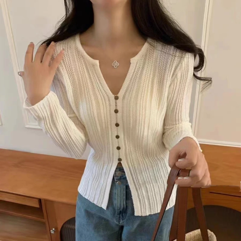 Ribbed Knit Cropped Cardigan Sweater Long Sleeve Button Front Pullover Women Spring Summer Korean Fashion Outfit