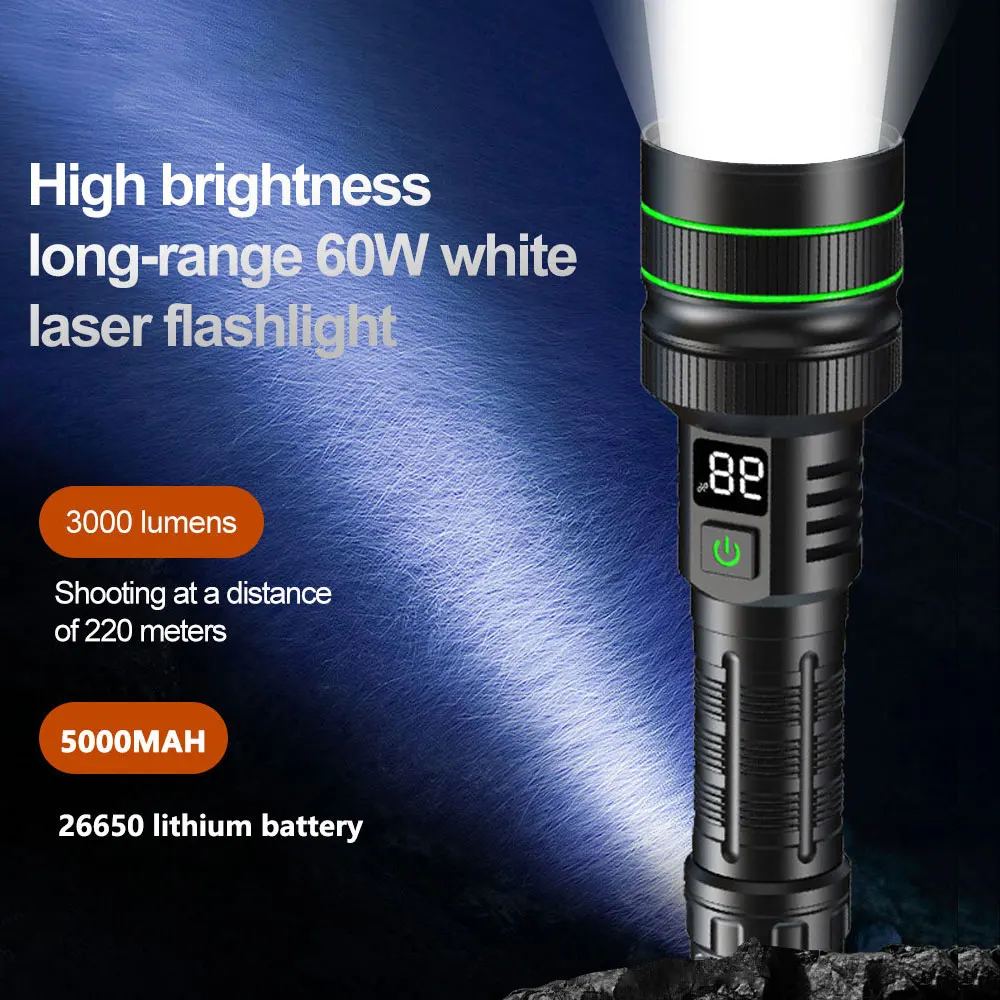 

60W LED Flashlight 3000LM Rechargeable Telescopic Zoom Torch With 5 Light Modes 26650 Battery Power Display Power Bank MAX 650M