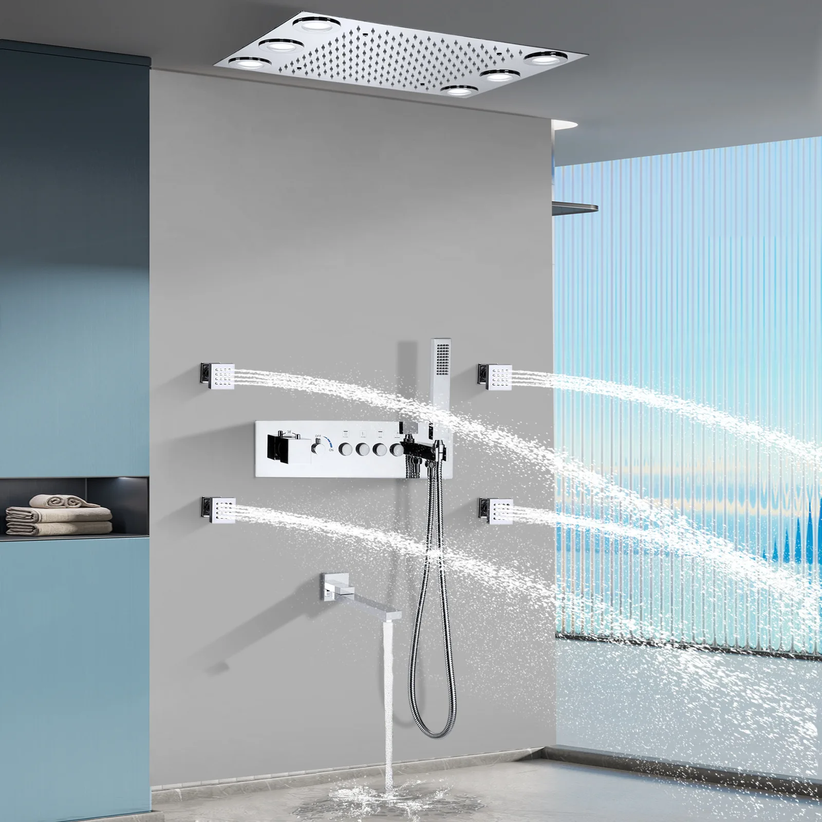304 stainless steel concealed shower full set of LEDs 50*36cm bathroom brass constant temperature