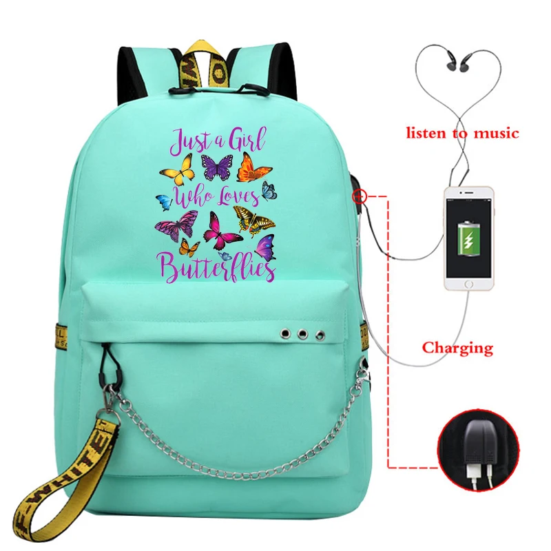 Just A Girls Who Love Butterfly Characters Funny Cute Backpack Girls School Backpack Bag Mochilas Mujer Usb Charging Bookbag