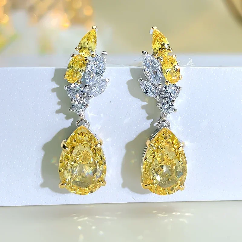 100% 925 Sterling Silver Earrings with Yellow Droplets Inlaid Imported High Carbon Diamond Temperament Wedding Jewelry Wholesale