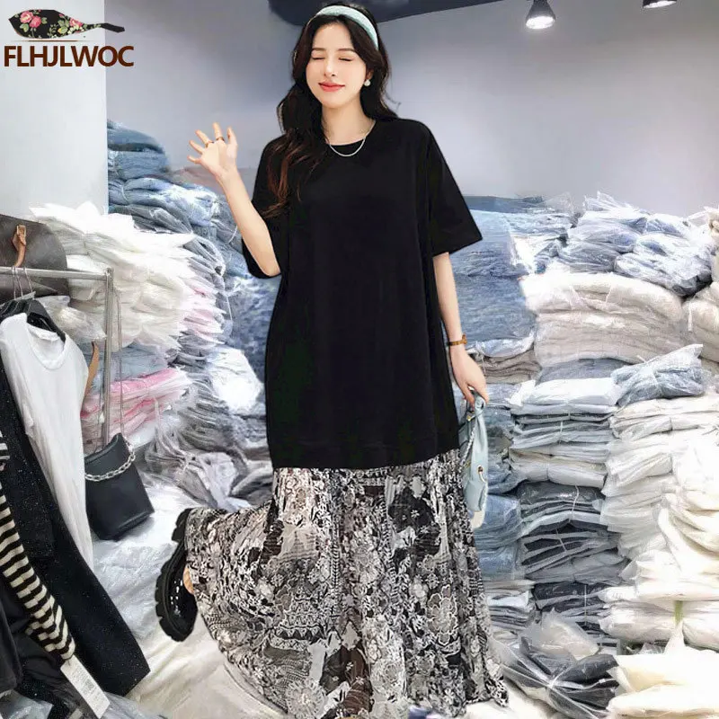 Faux Two Piece Design Lace Dresses Summer European Holiday Women Short Sleeve Casual Loose Long Maxi Cotton Blend T-Shirt Dress