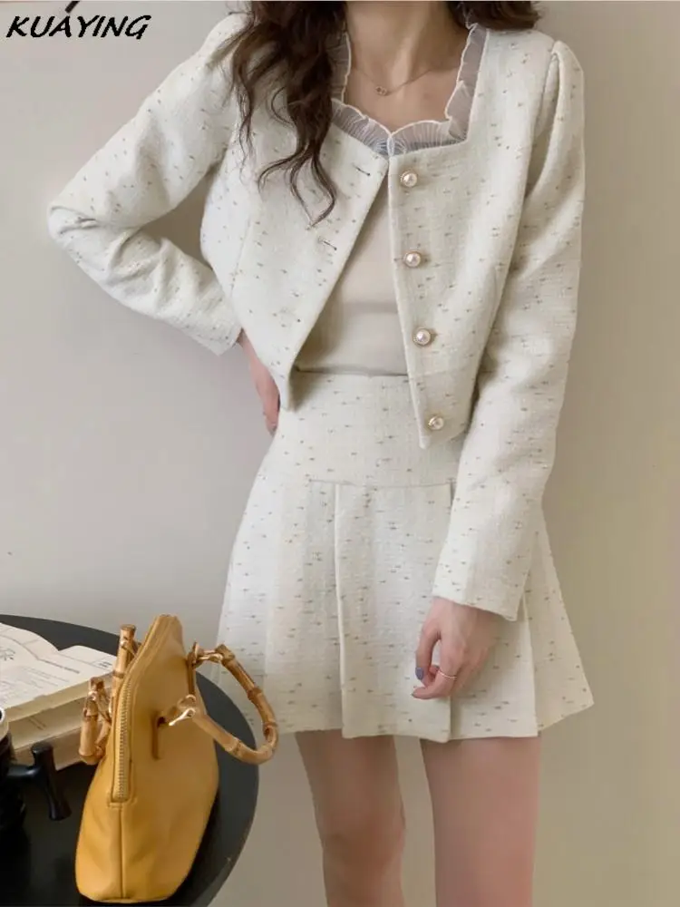 Y2k Autumn Small Fragrant Tweed Two Piece Set Elegant Short Jacket Coat + A-Line Pleated Mini Skirt Korean Female Outfits New