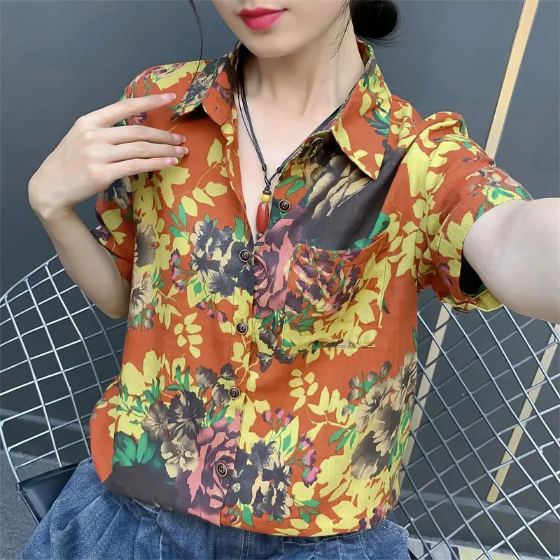 Women\'s Clothing Turn-down Collar Blouse Vintage Floral Printed Summer Short Sleeve Casual Stylish Pockets Spliced Button Shirt