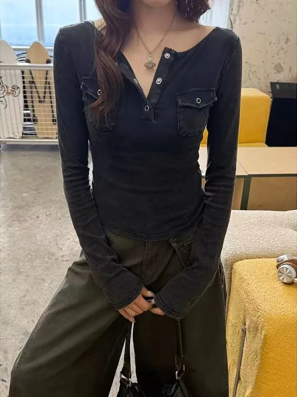 

Футболка свободного кроя больших размеров Long Sve f с открытым воротником и двойным кетом, осенняя футболка для раннего похудения, повседневный женский топ