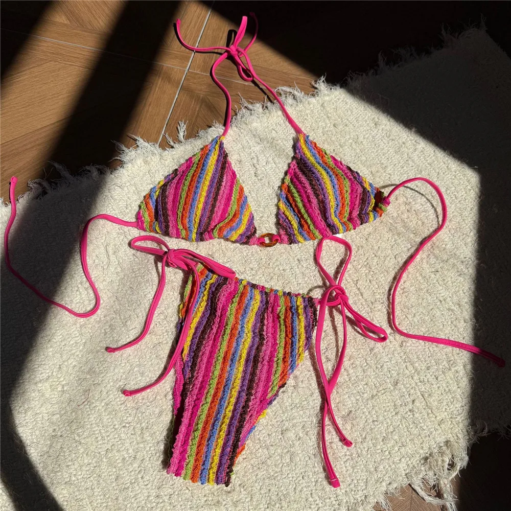 Rose Red Striped Swimwears String Halter Triangle Bikini Set Micro Thong Sexy Swimsuit Women Bathing Suit Bikinis De Mujer 2026