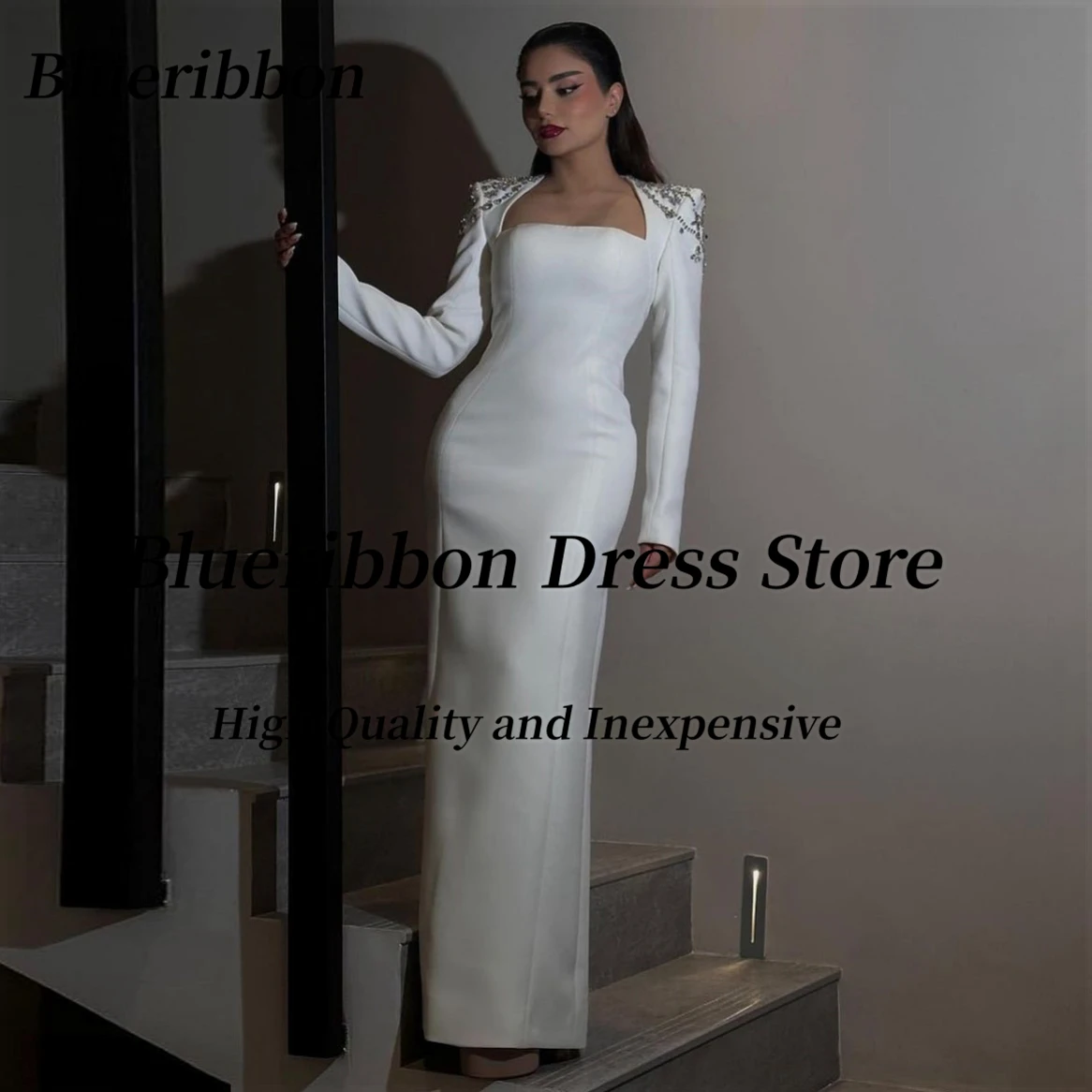 Blueribbon-vestidos de noche con cuello cuadrado para mujer, elegantes vestidos de manga larga con cuentas, vestido de fiesta de graduación, hasta el suelo, vestido de invitados de boda