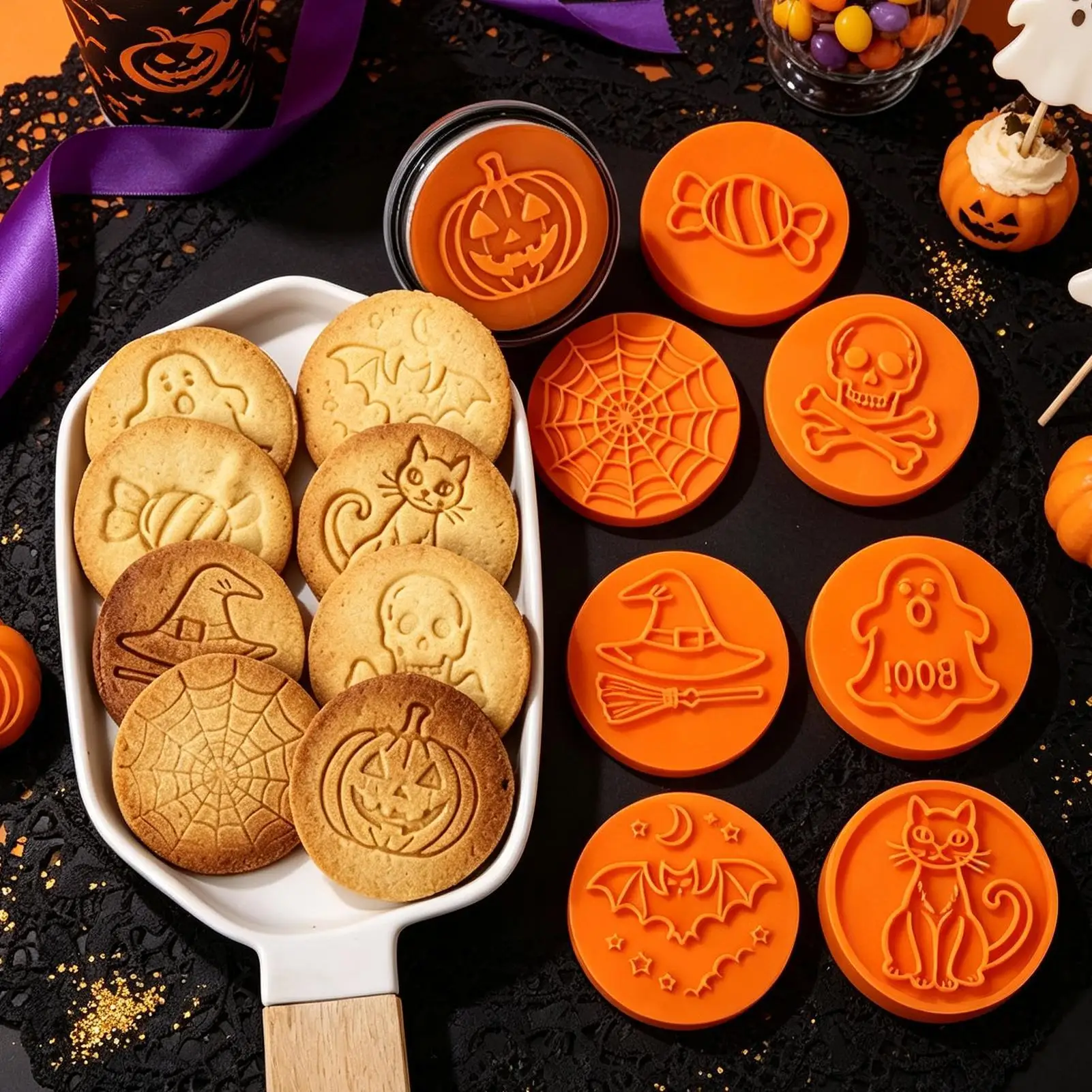 Halloween Cookie Cutters 8Pcs Pumpkin Black Cat Ghost Skull Coffin Biscuits Molds DIY Fondant Pastry Baking Mold For Party