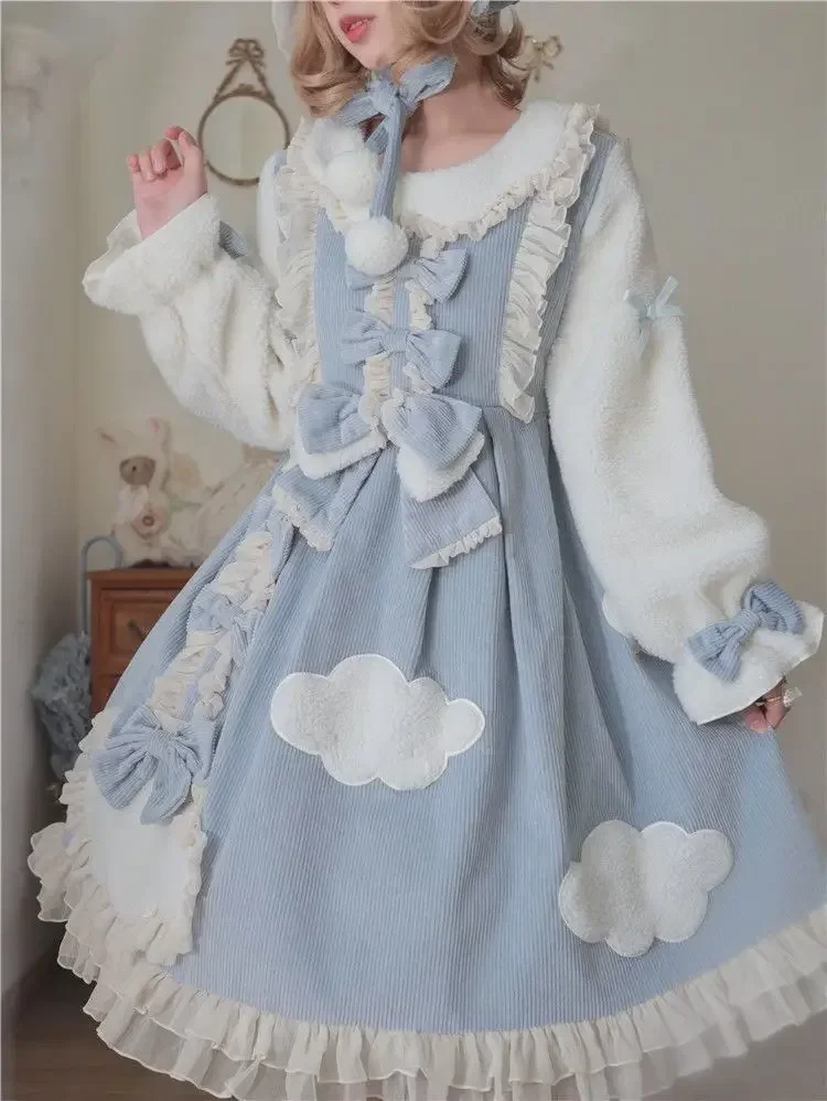 NONSAR Autumn Winter Thickened Warm Cloud Lolita Dress Girl Japanese Sweet Doll Collar Long Sleeve Bow Ruffles Cute OP Dress