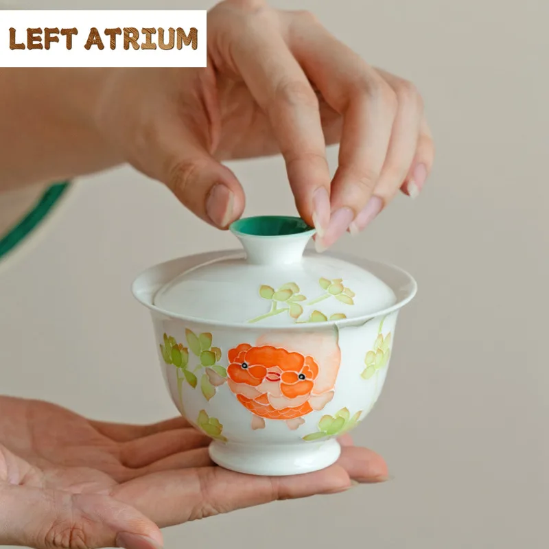 

150ML Handmade Pile Carving Longevity Fish Gaiwan Pure Hand-painted Mini Tea Tureen Tea Brewing Cover Bowl Teaware Ornament Gift