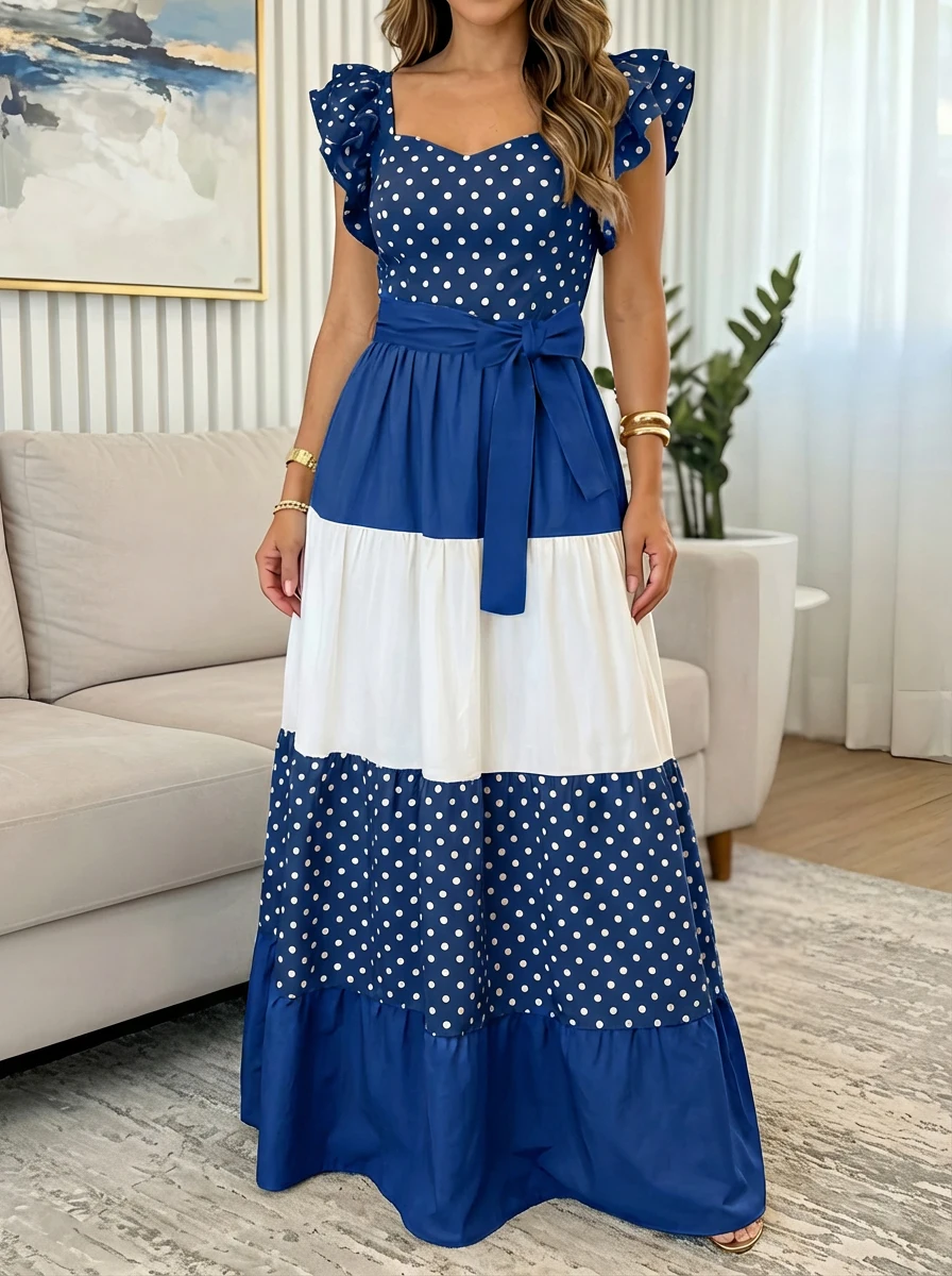 Women Elegant Polka Dot Maxi Dress for Women - Flattering Ruffled Sleeves & Tie Waist - Perfect for Spring & Summer Events