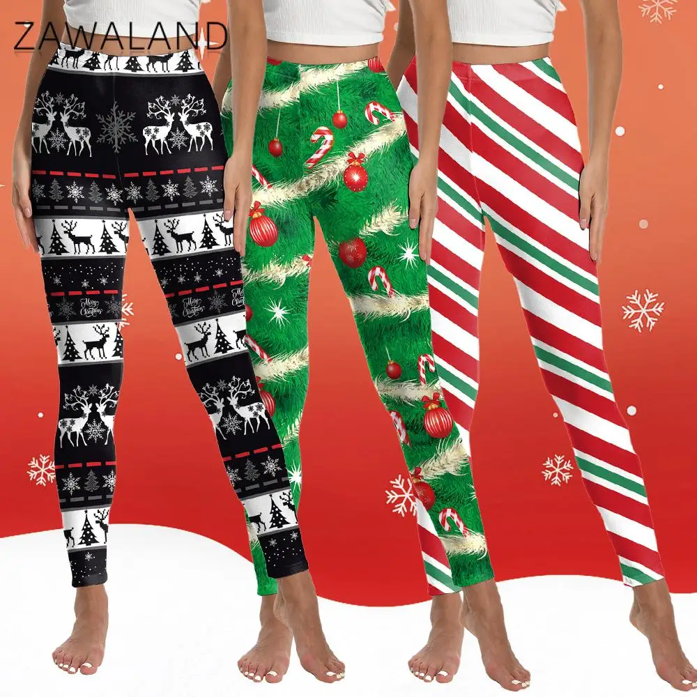 

Zawaland Xmas Leggings String Light Christmas Tree Pattern Stripe Printed Pants Fitness Workout Trousers Party Women Leggings